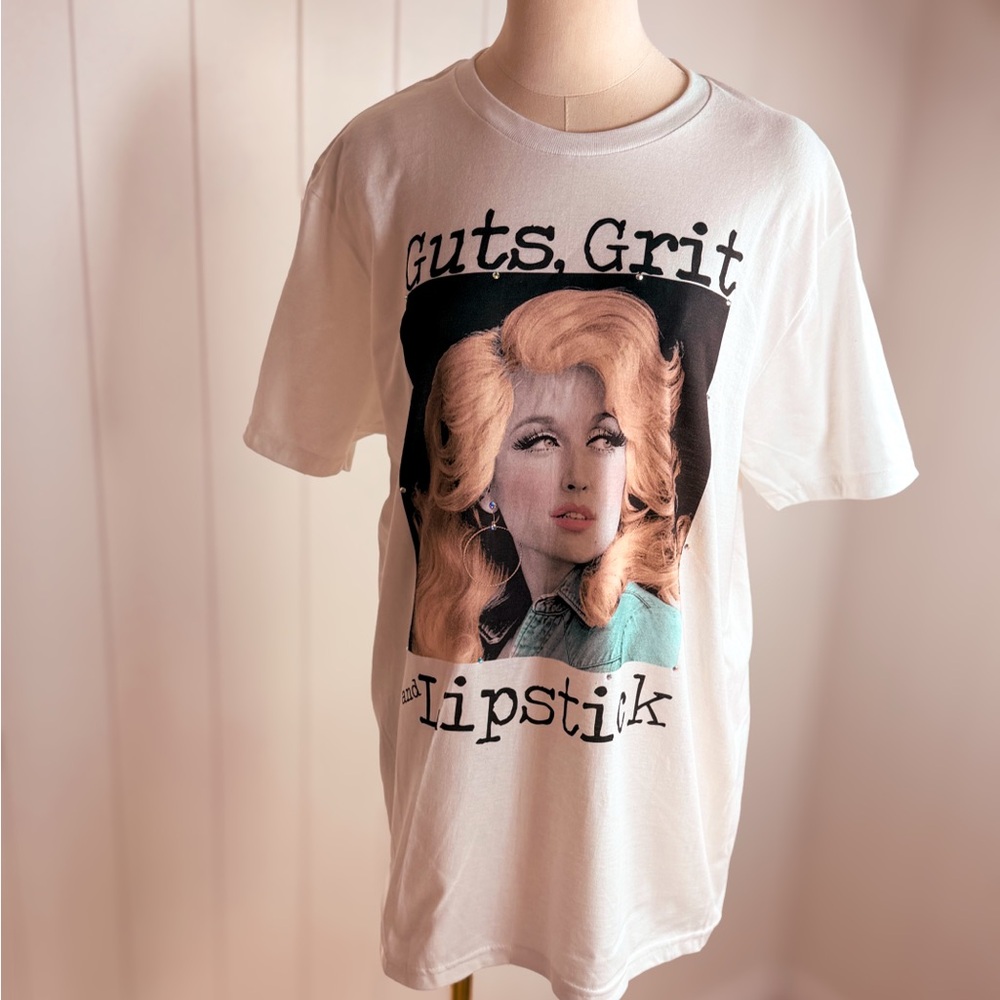 Dolly Parton White Graphic Tee - Guts, Grit, and Lipstick